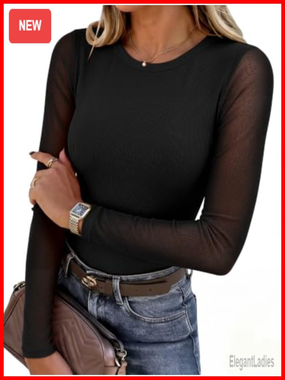 Womens Long Sleeve Crew Neck Mesh Sheer Top Ribbed Knit Skinny Fit